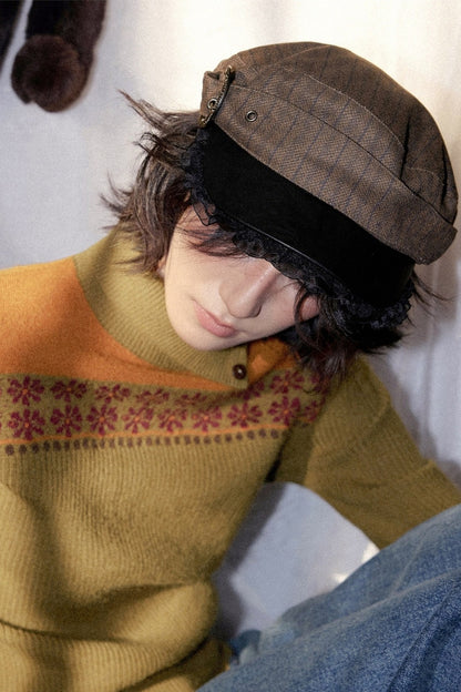 Metal Buckle Striped Flat Cap