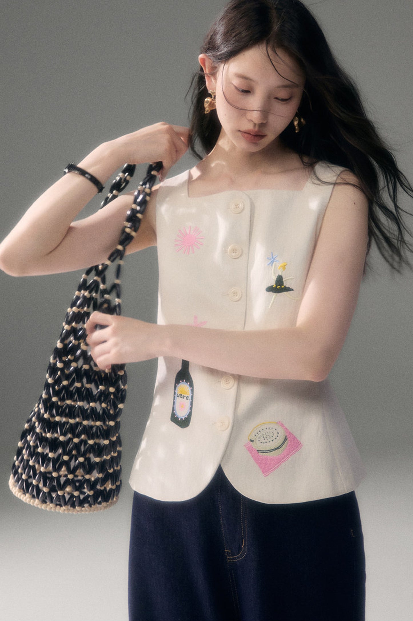 Ear Detail Tencel Cotton Embroidered Vest and Shorts Set-Up