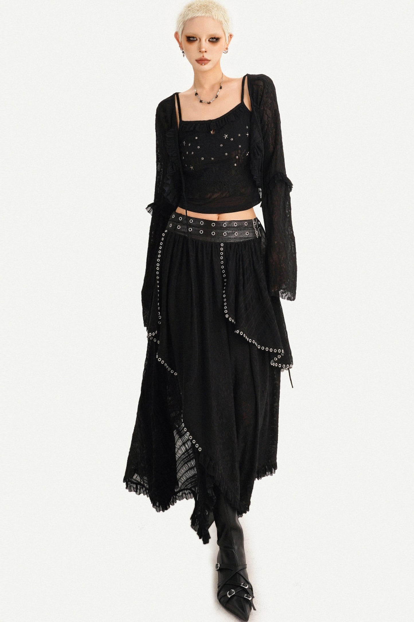 Gothic Lace Mesh Asymmetric Layered Hem Skirt