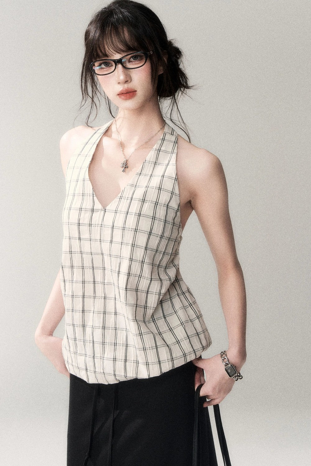 Textured Cotton Plaid Halter Camisole