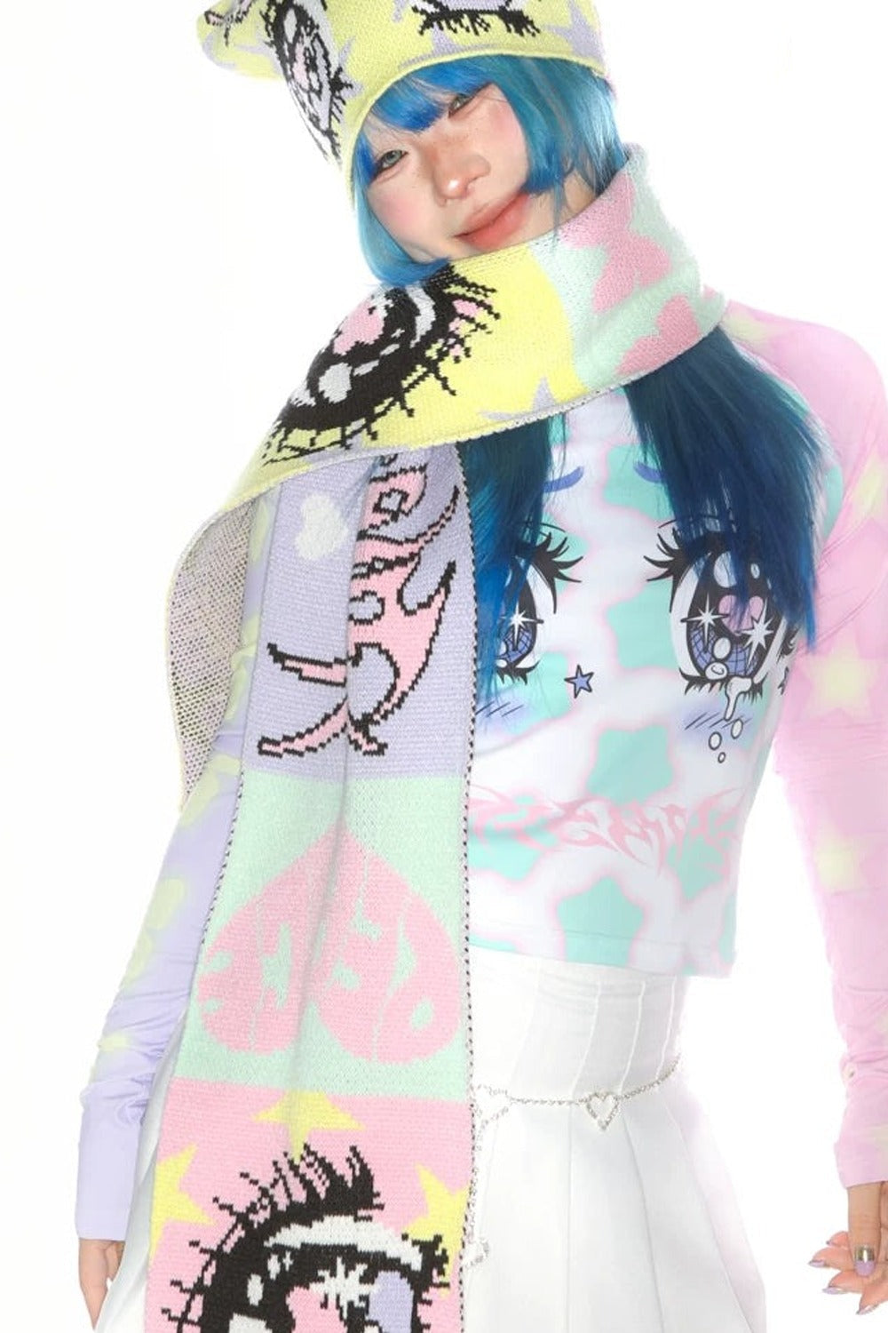 Comic Eye Knitted Long Scarf Set-Up