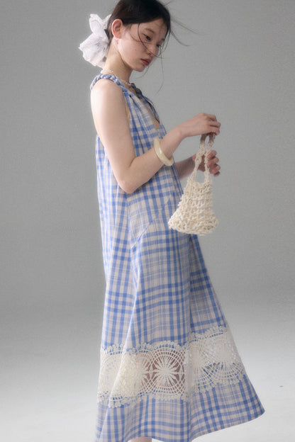 Blue White Plaid Lace Slip Dress