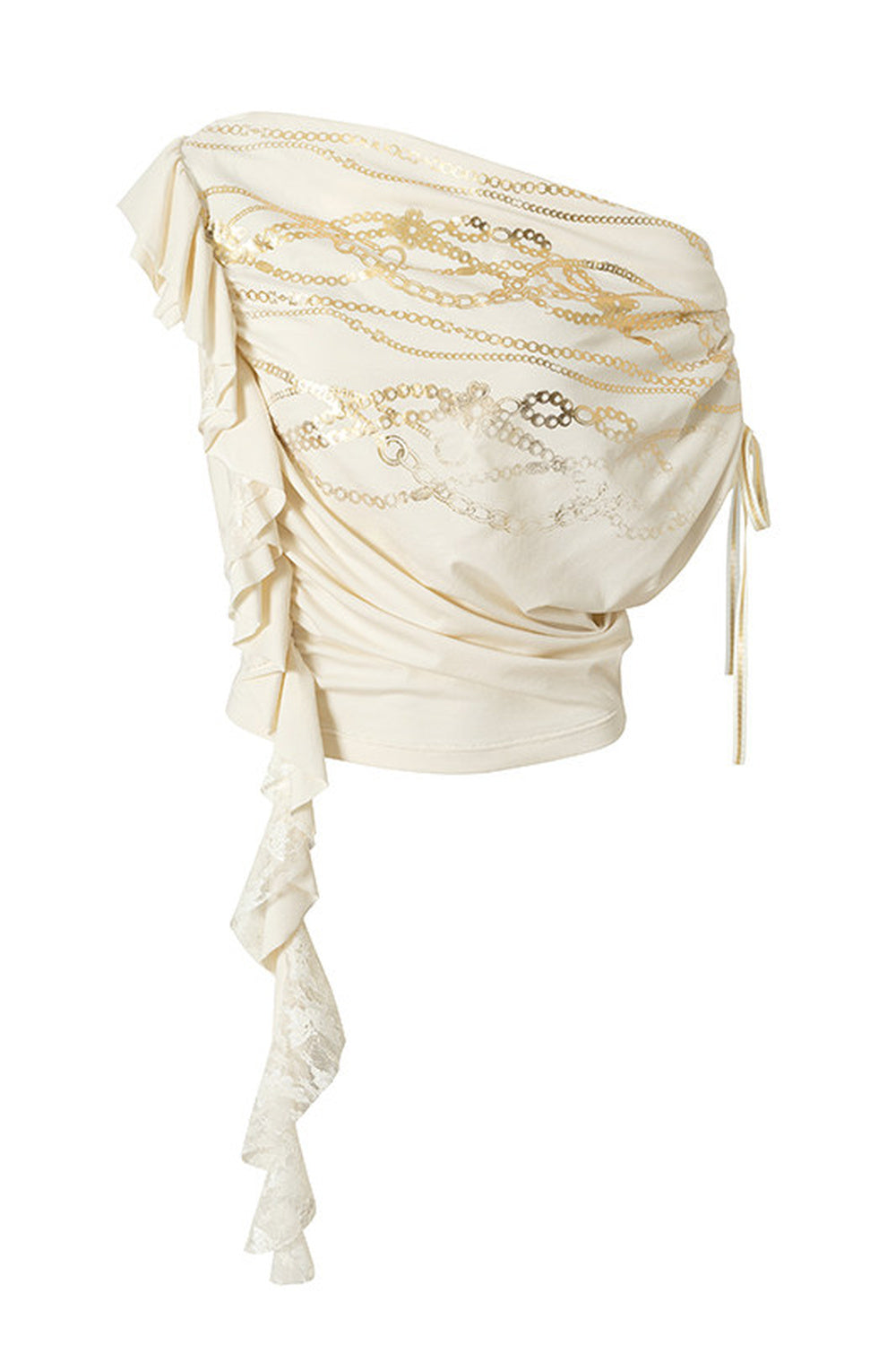 Maglia asimmetrica con catena effetto lamina d'oro