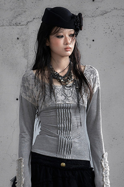 蕾絲拼接刺繡Long sleeve針織上衣