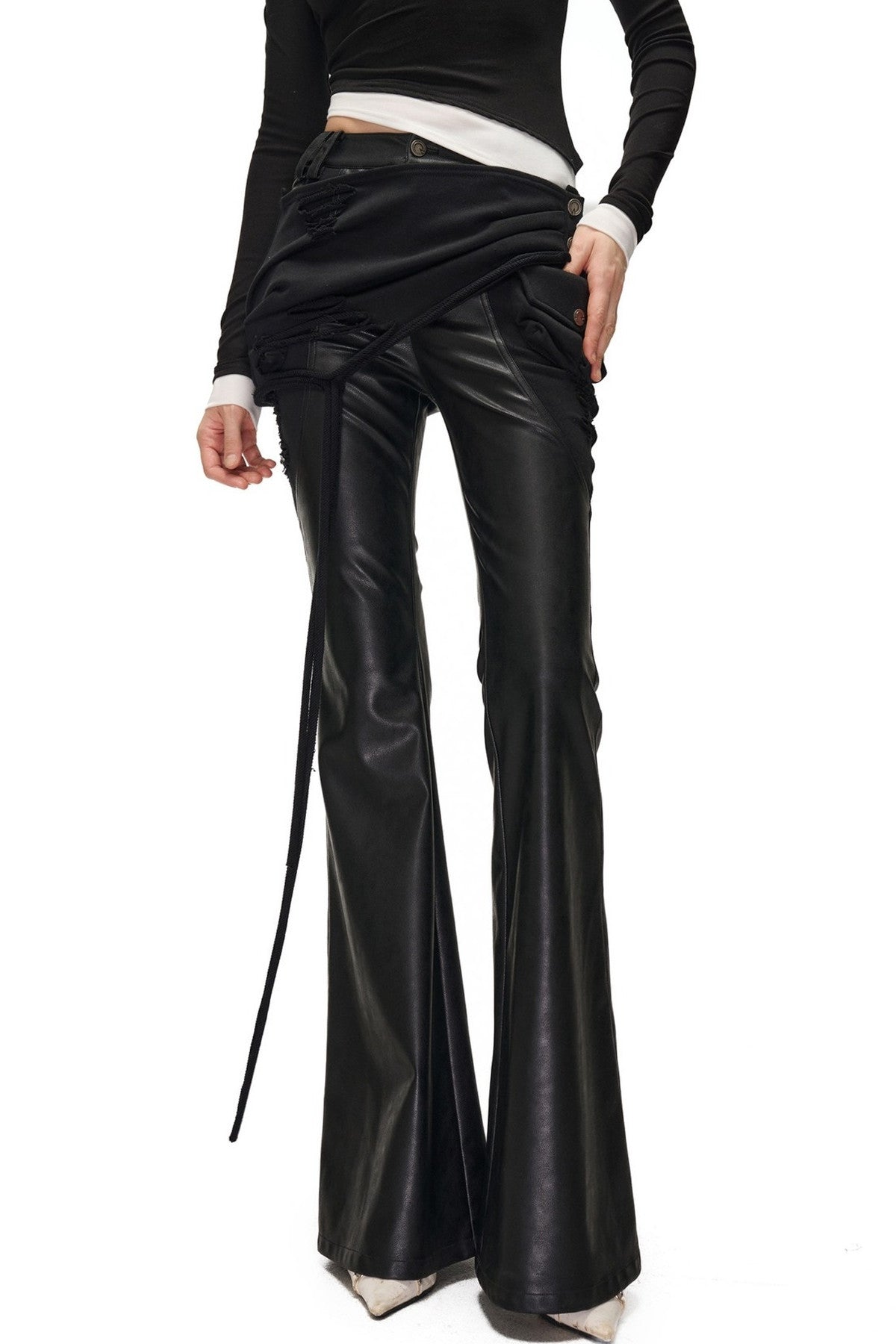 Bootcut-Hose aus PU-Leder mit abnehmbarem Patchwork