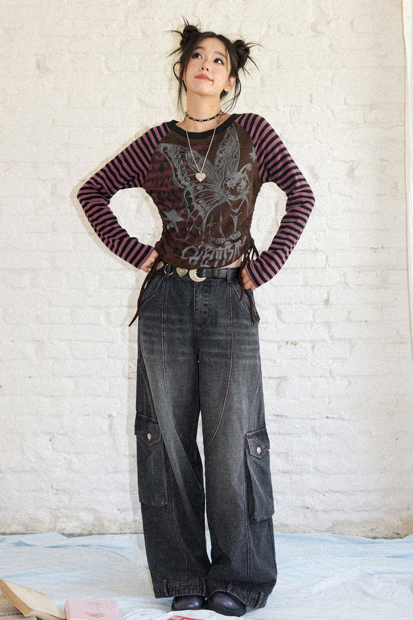 Striped Spliced Raglan Cat Print Top