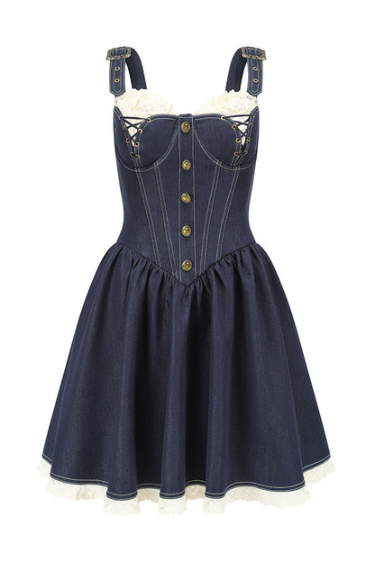 Dark Blue Denim Fishbone Strap Dress
