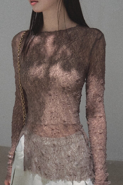 Silver Textured Knit Lace Top