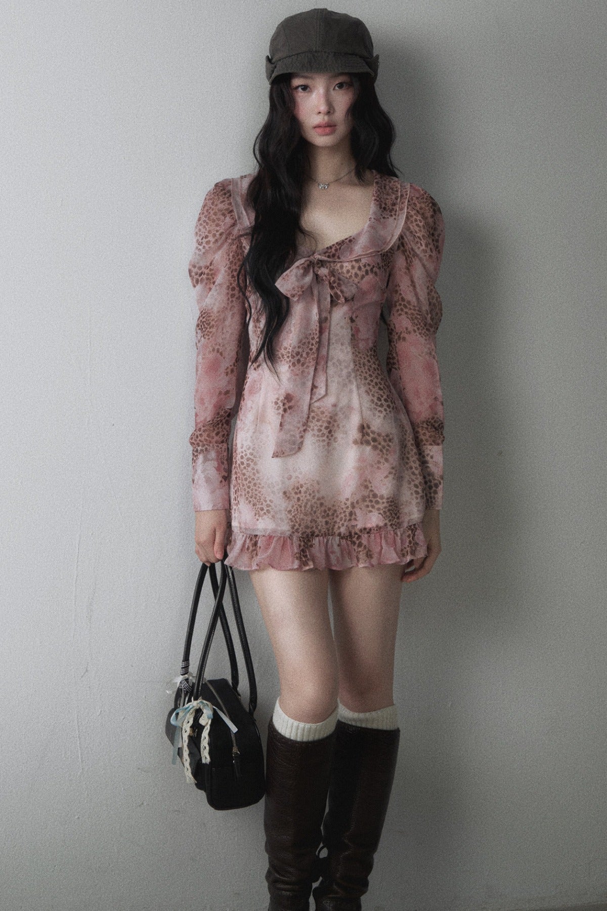 Pink Leopard Print Chiffon Bow Tie Dress