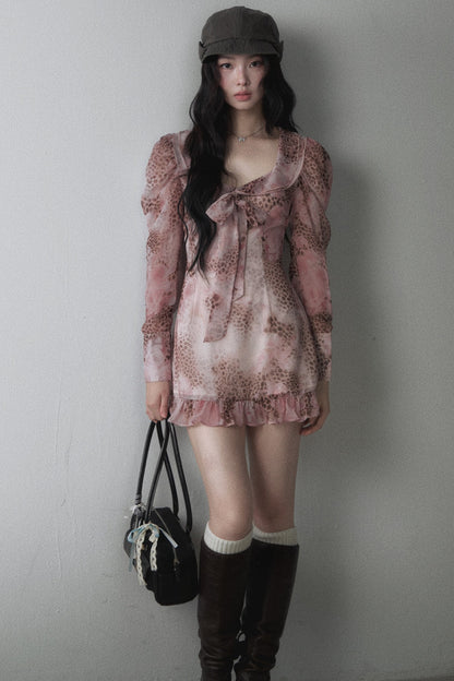 Pink Leopard Print Chiffon Bow Tie Dress