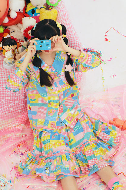 Patchwork Print Doll Collar Shirt