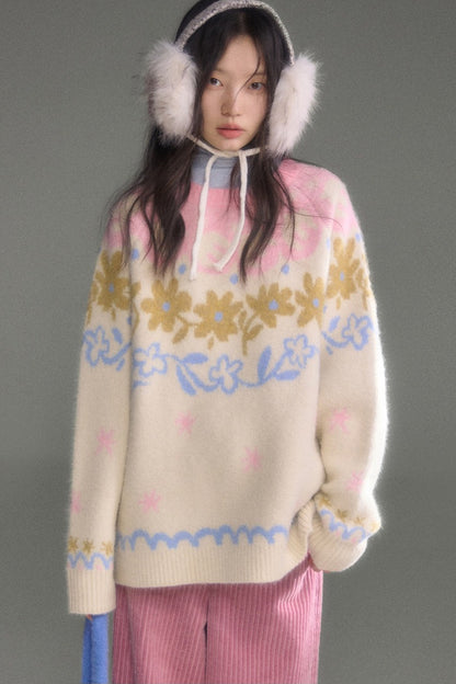 Retro Fair Isle Floral Jacquard Wool Sweater