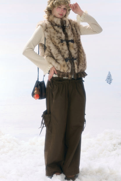 Plush Patchwork Plaid Leopard Horn Button Jacket