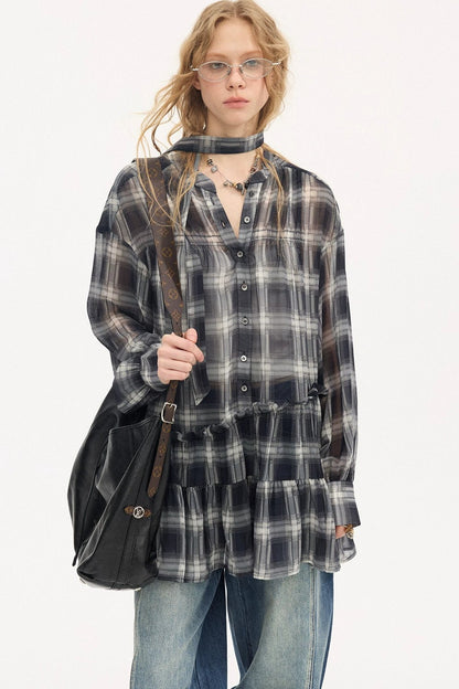 Drop Shoulder Plaid Blouse