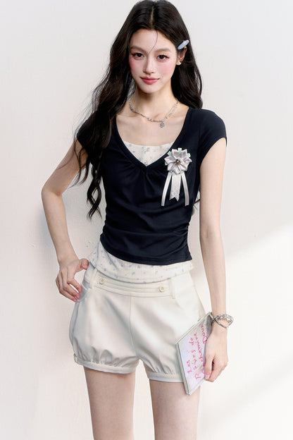 French Retro Buttoned Lantern Shorts