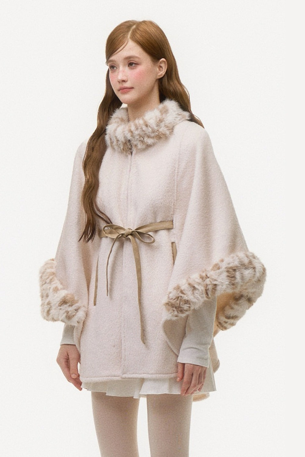 Leopard Print Fur Spliced Wool Cape