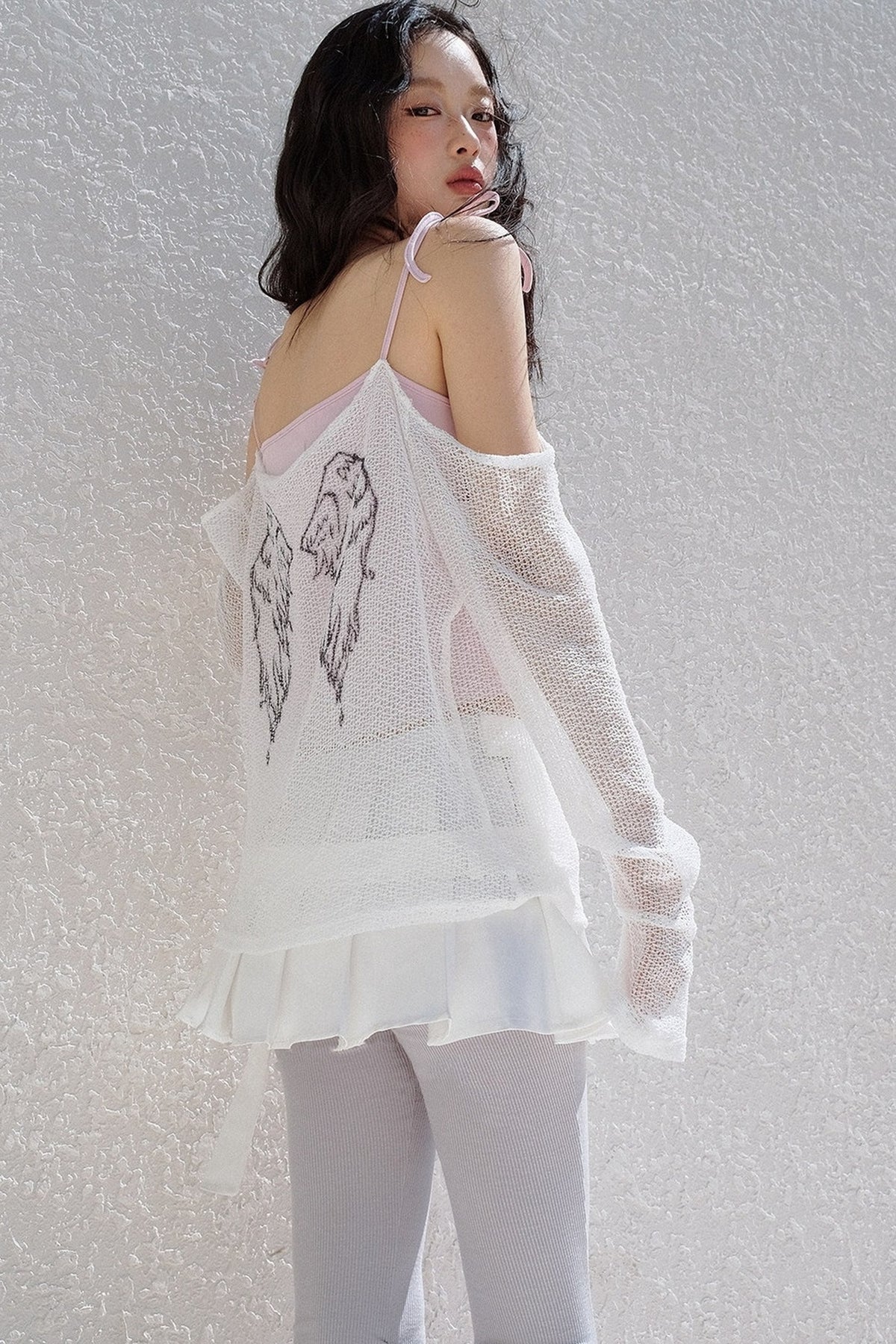 Schulterfreies Mesh-Camisole mit Schleifenband und Überwurf-Set