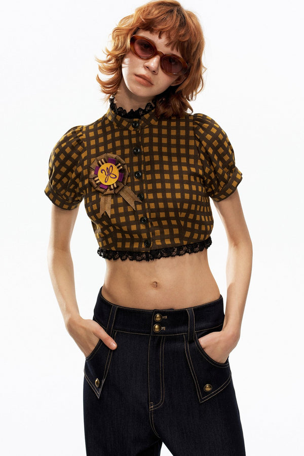 Yellow and Black Plaid Puff Sleeve Top