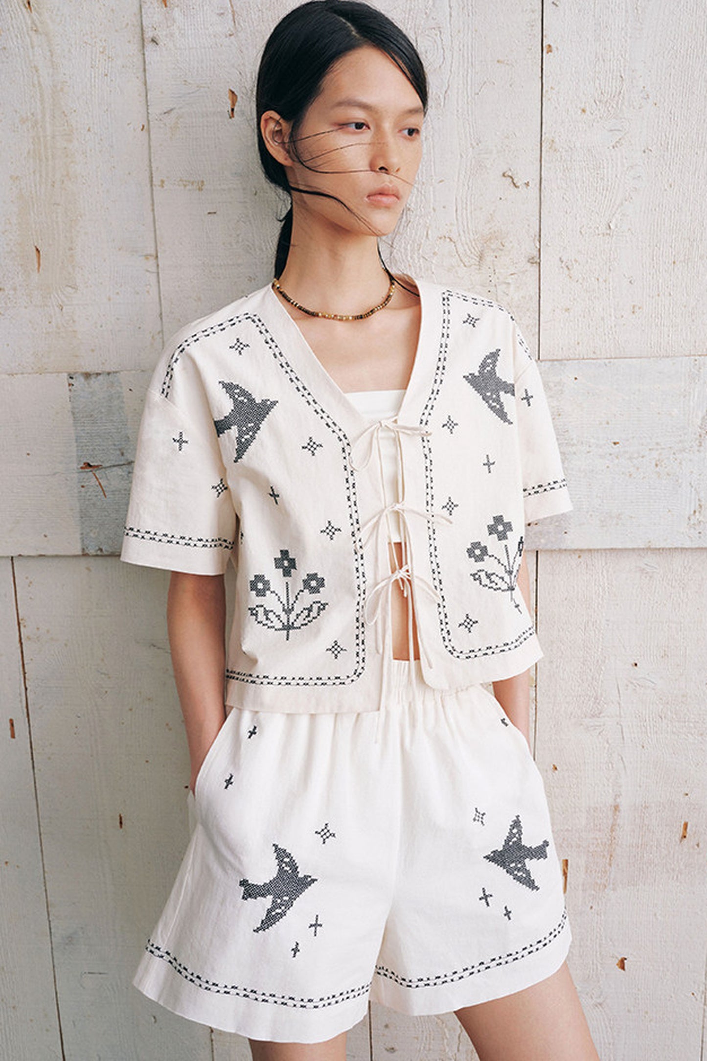 Bird Embroidered Cotton Linen Cardigan And Shorts Set-Up