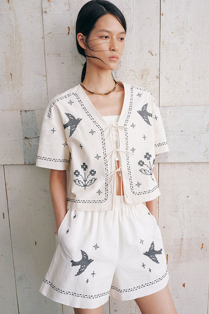 Bird Embroidered Cotton Linen Cardigan And Shorts Set-Up