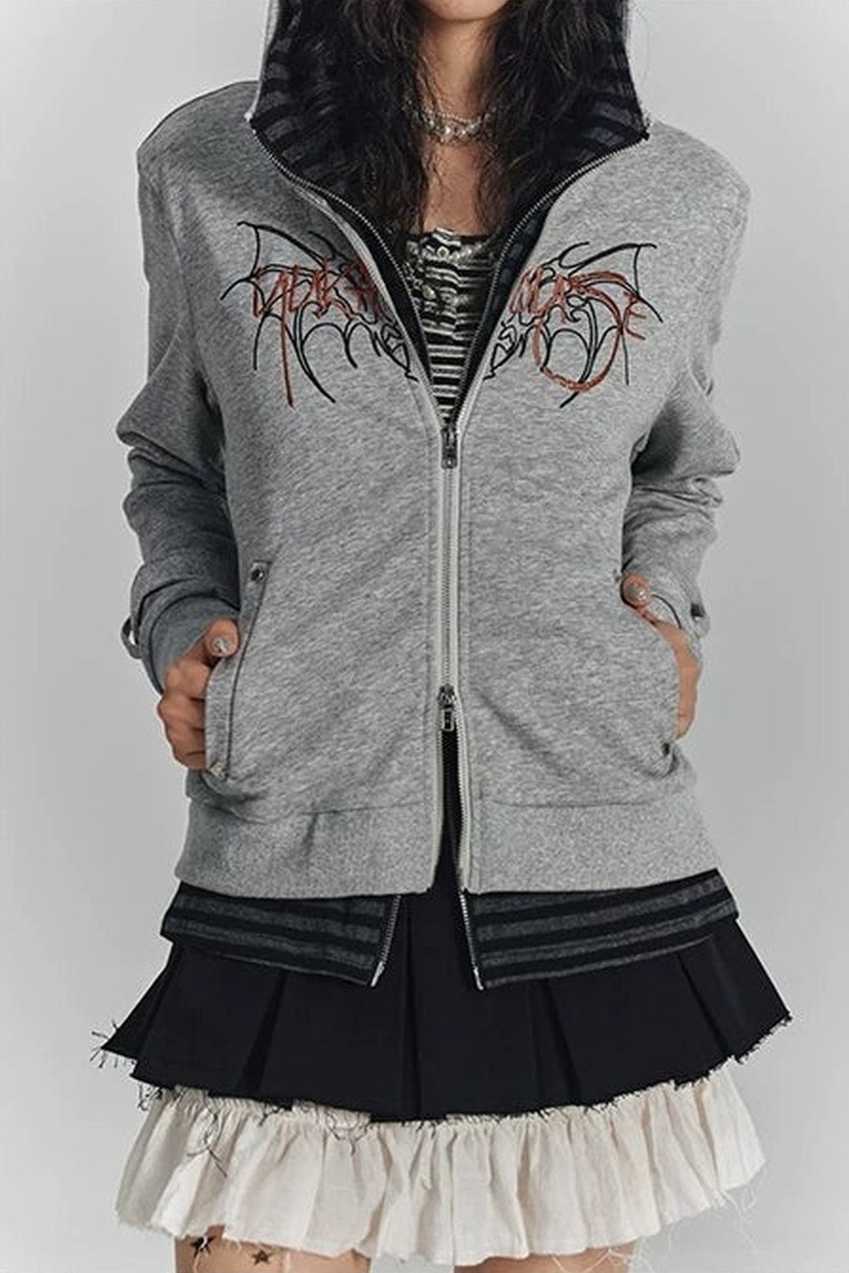 Striped Embroidered Knit Hooded Jacket