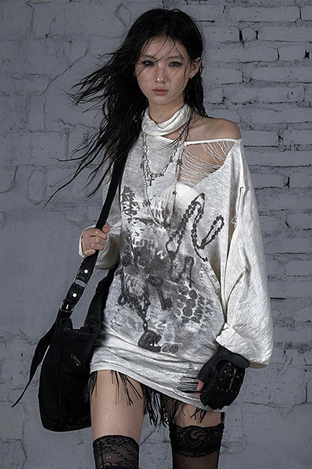 Ripped Off-Shoulder Punk Print Knit Top