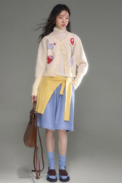 Tulip Bird Jacquard Knit Cardigan
