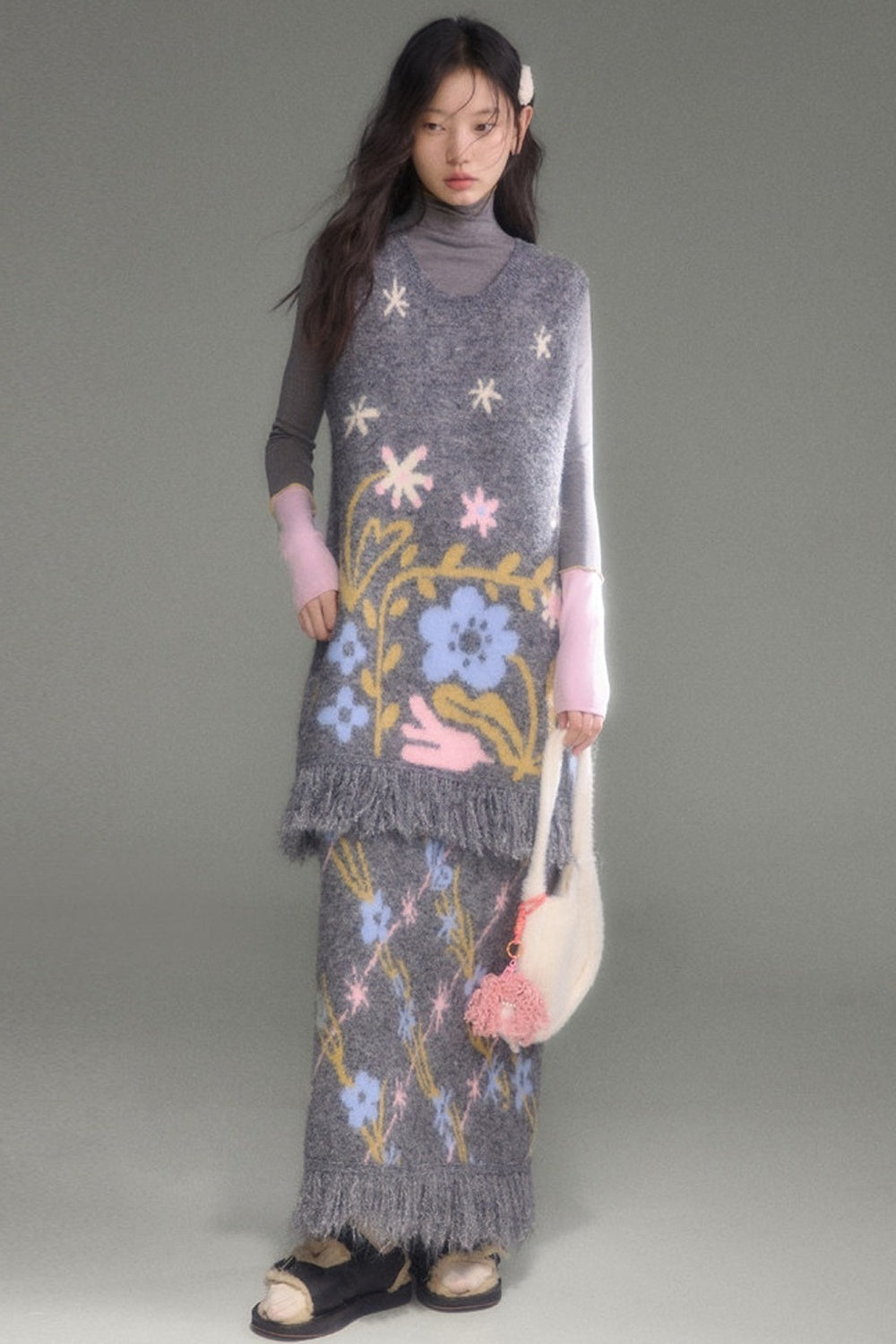 Ear-Shaped Wool-Blend Bird and Flower Jacquard Dress Set-Up