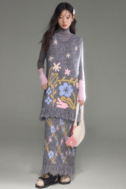 Ear-Shaped Wool-Blend Bird and Flower Jacquard Dress Set-Up