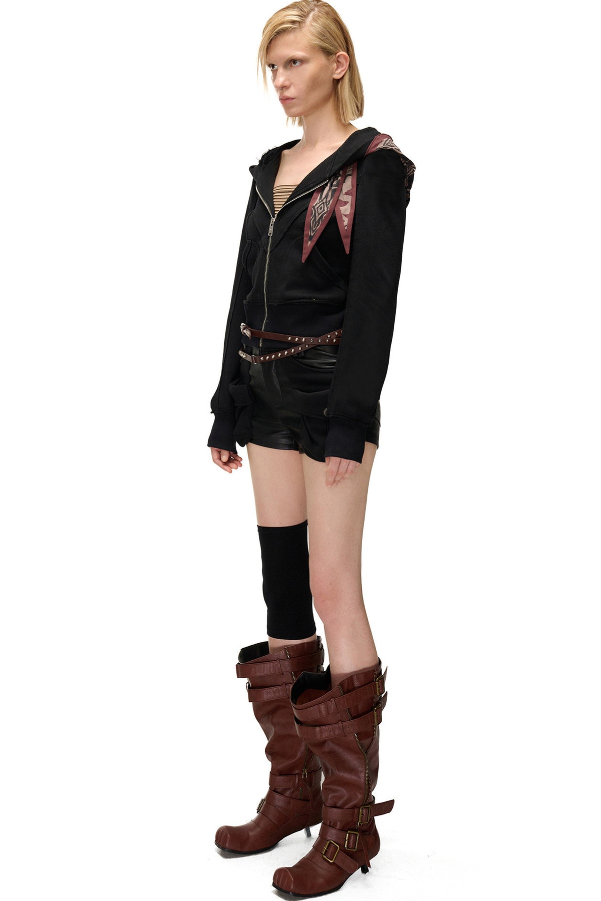 Lagenlook-Schal-Patchwork-Kapuzenjacke im Used-Look aus Sweatshirtstoff