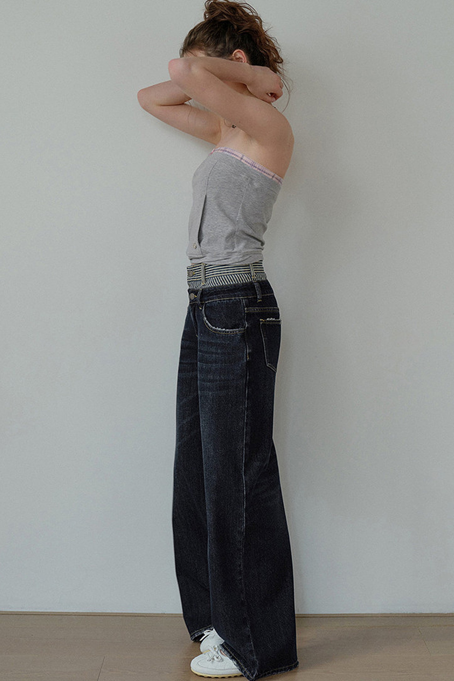 Striped Double Waistband Wide-Leg Jeans