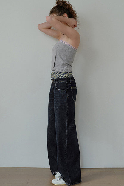 Striped Double Waistband Wide-Leg Jeans