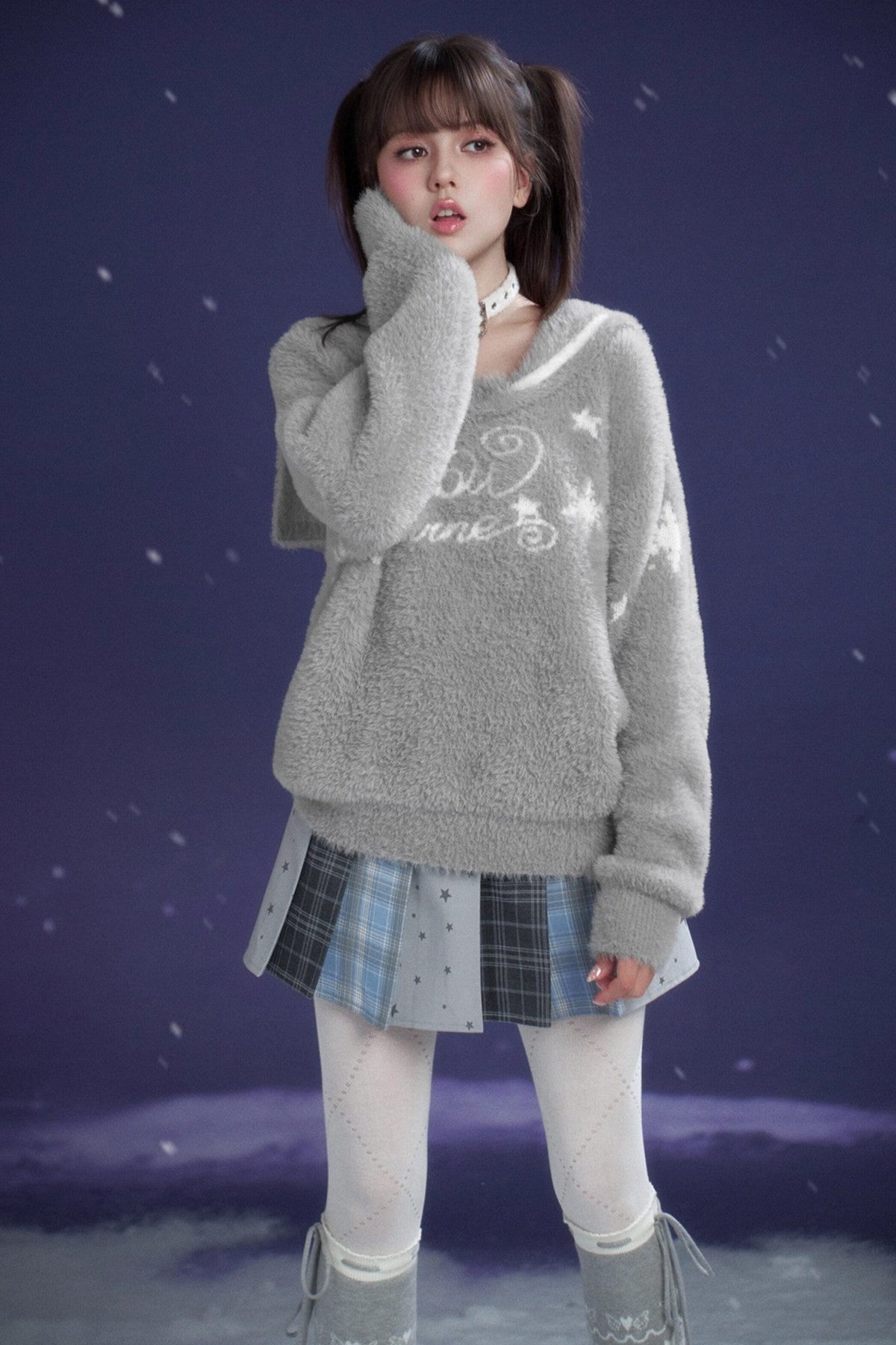 Gray Faux Mink Fur Sailor Collar Sweater