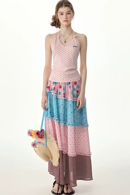 Pink Floral Polka Dot Tiered Maxi Skirt