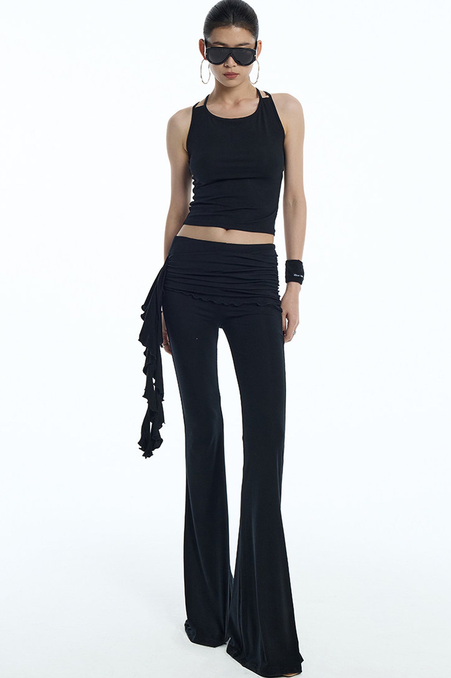 Black Knit Ruffle Tank and Flared Pants Set-Up