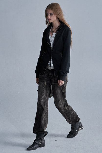 Diagonal Zipper Rivet Cardigan Jacket