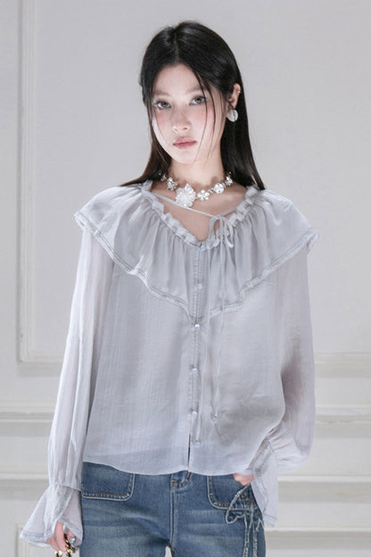 Cloud Wave Collar Chiffon Blouse Set