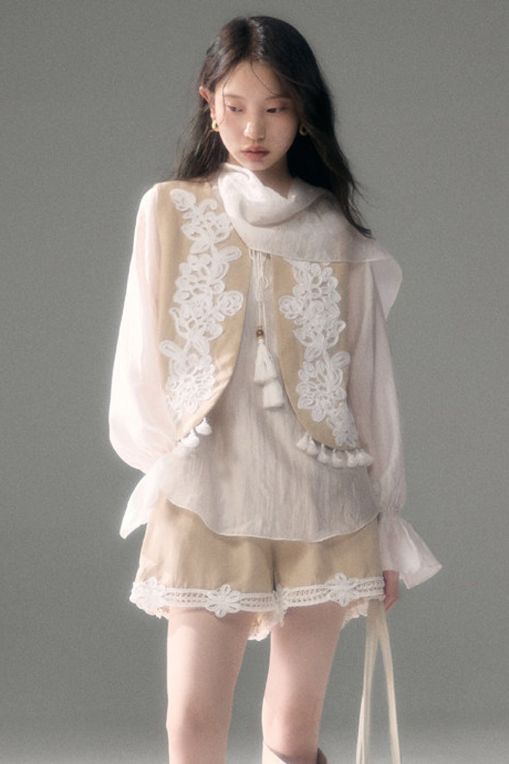 Moonlight Shawl Collar Bell Sleeve Shirt Tie-Up Skirt Set-Up