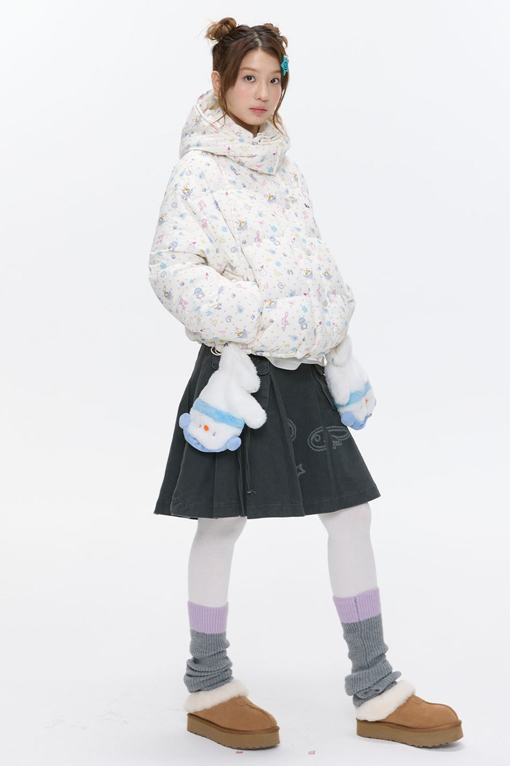 Beige Full Print Hooded Down Jacket