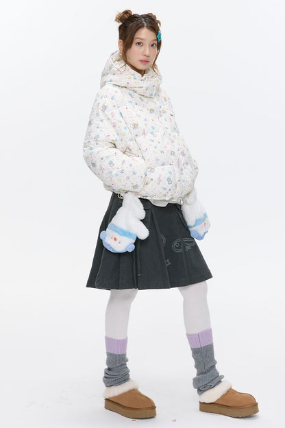 Beige Full Print Hooded Down Jacket