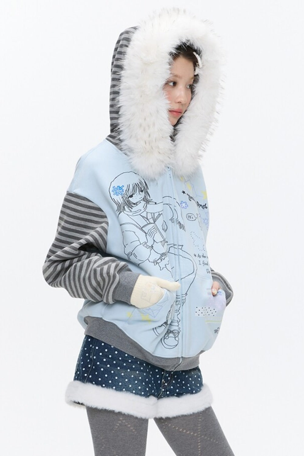 Striped Raglan Fur Collar Jacket