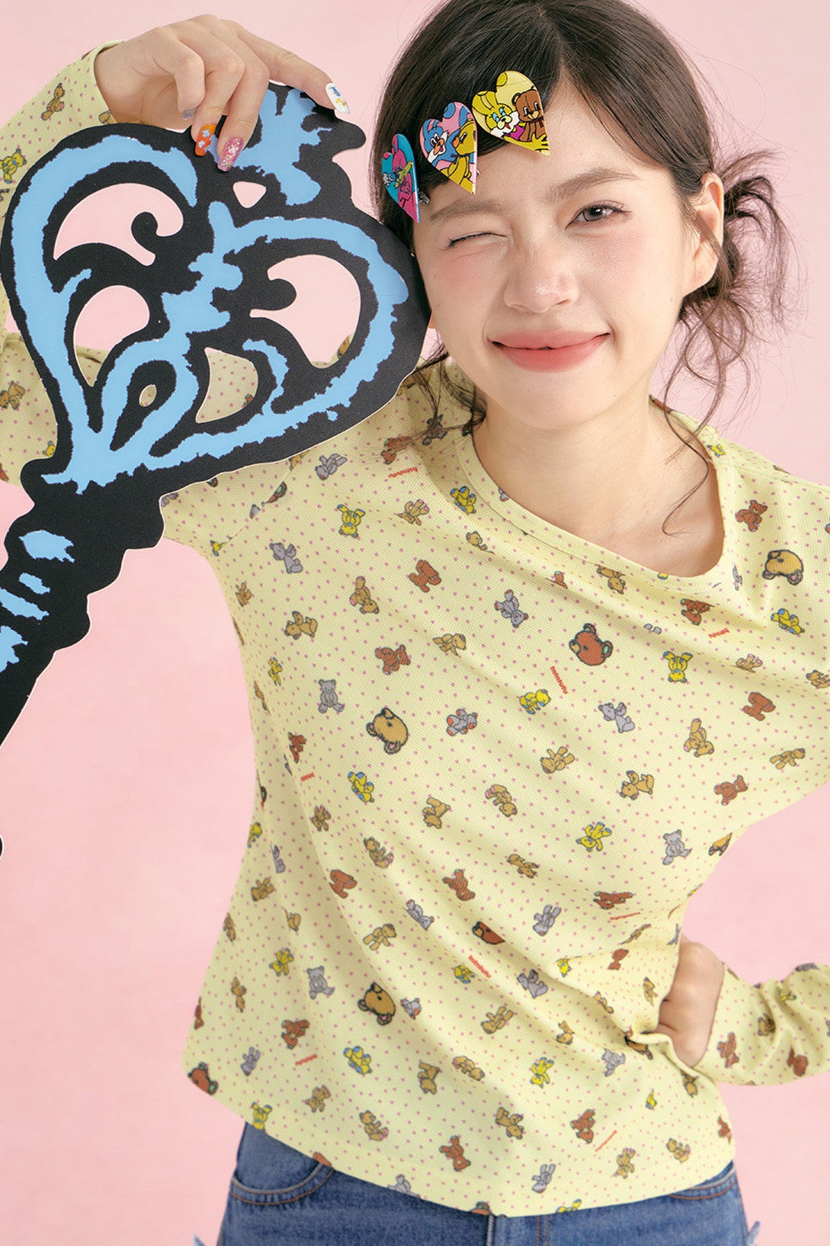 Plaid Bear Print Long Sleeve Top