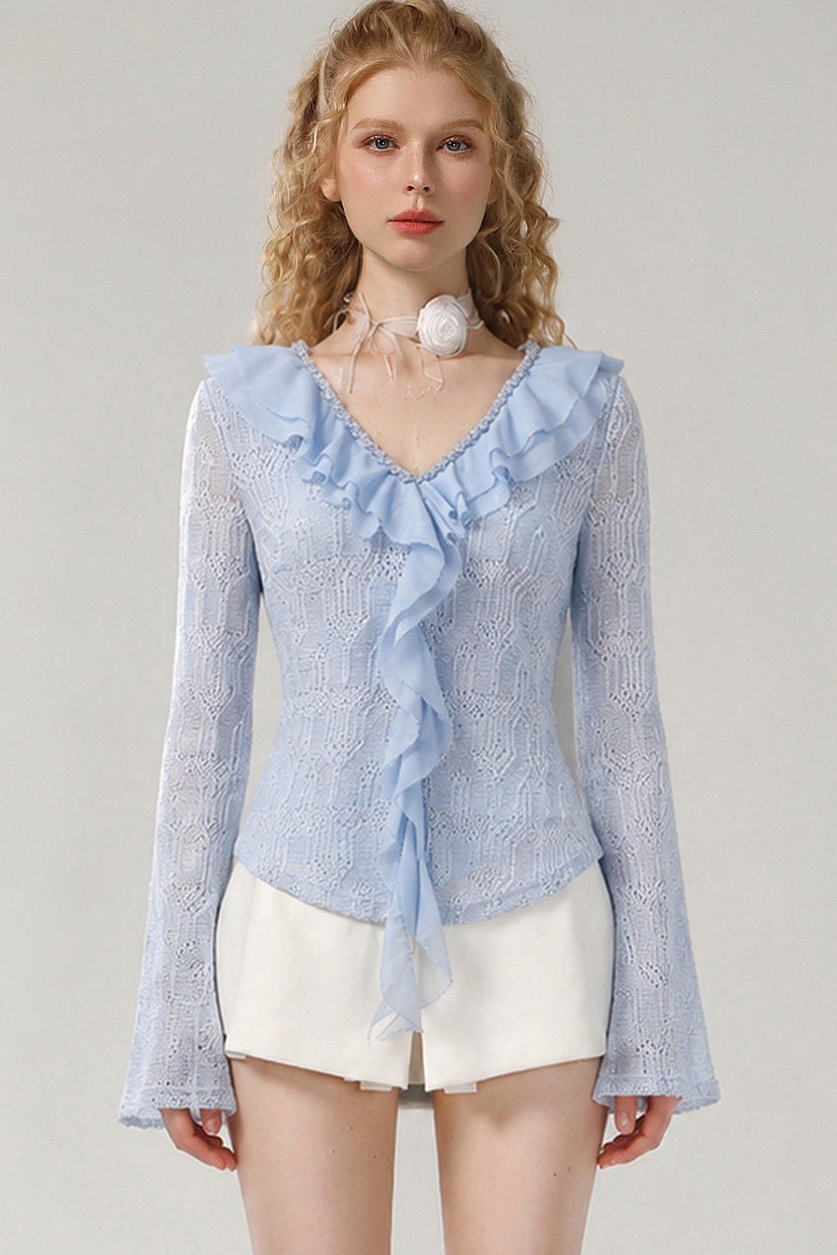 Straight Cut V-Neck Ruffle Blouse