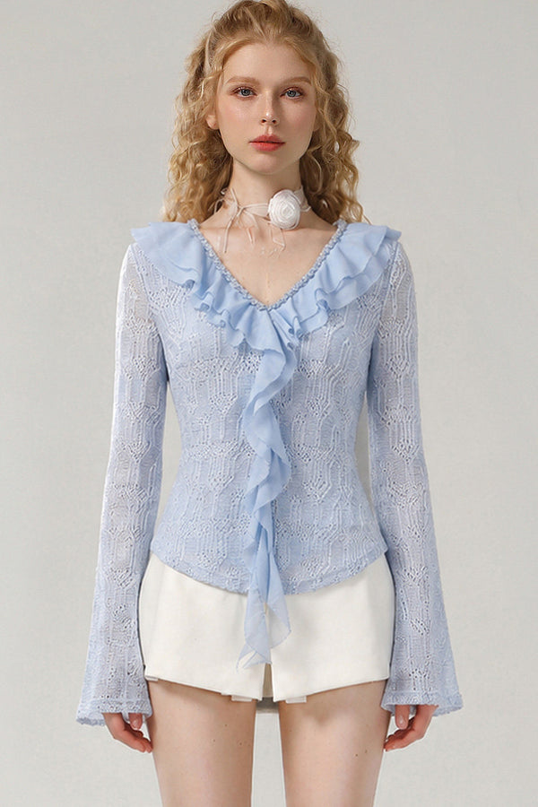 Straight Cut V-Neck Ruffle Blouse