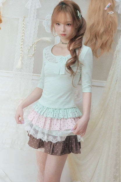 T-shirt verde menta plissettata in tulle con fiocco