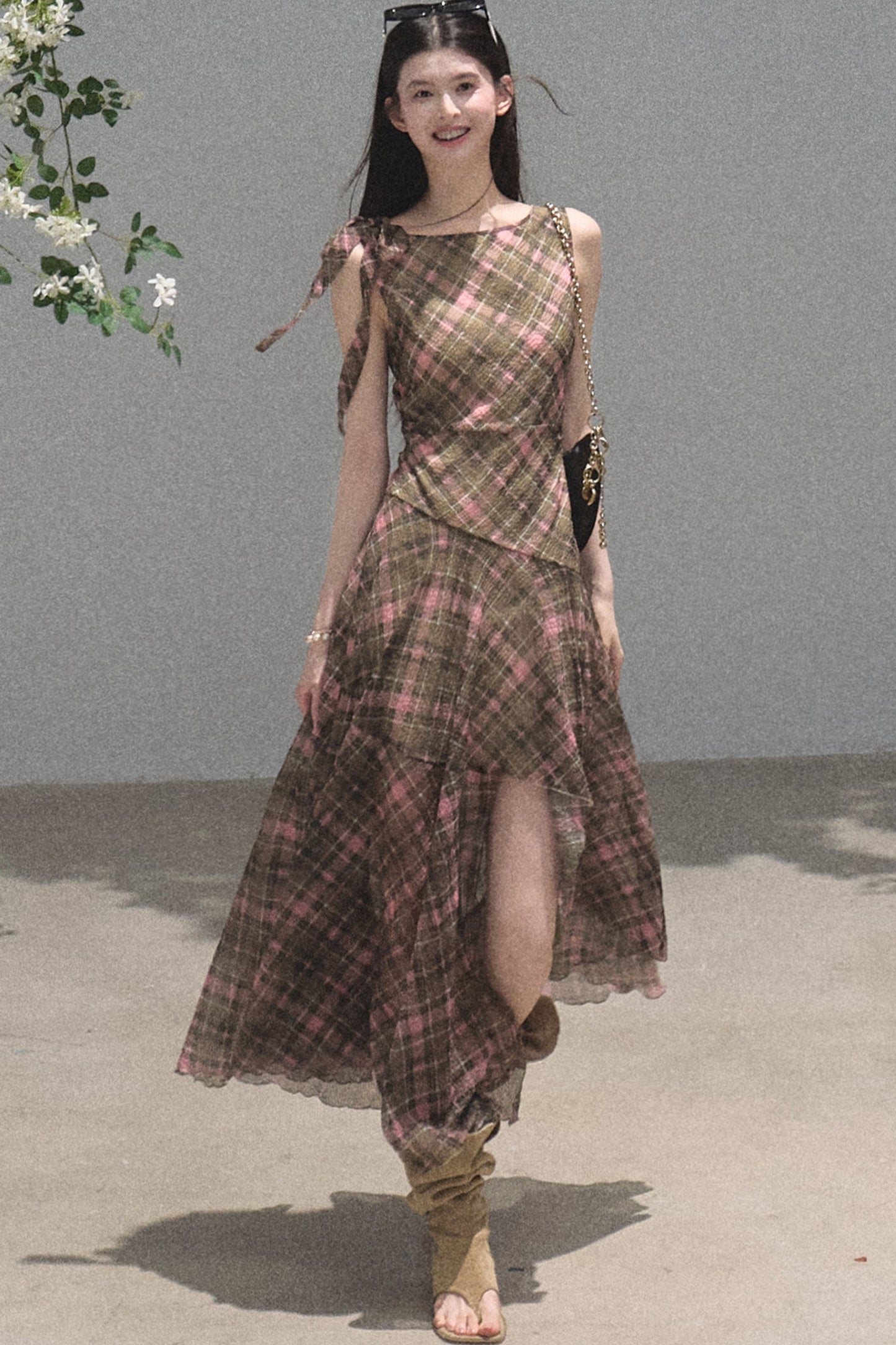 Off-Shoulder Plaid Irregular Tank Dress