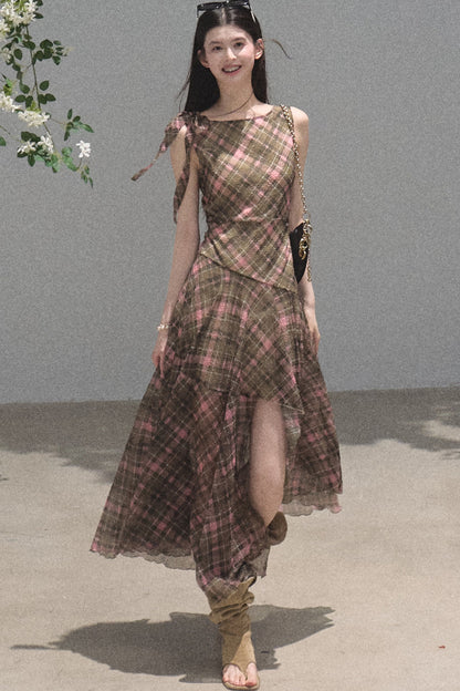 Off-Shoulder Plaid Irregular Tank Dress