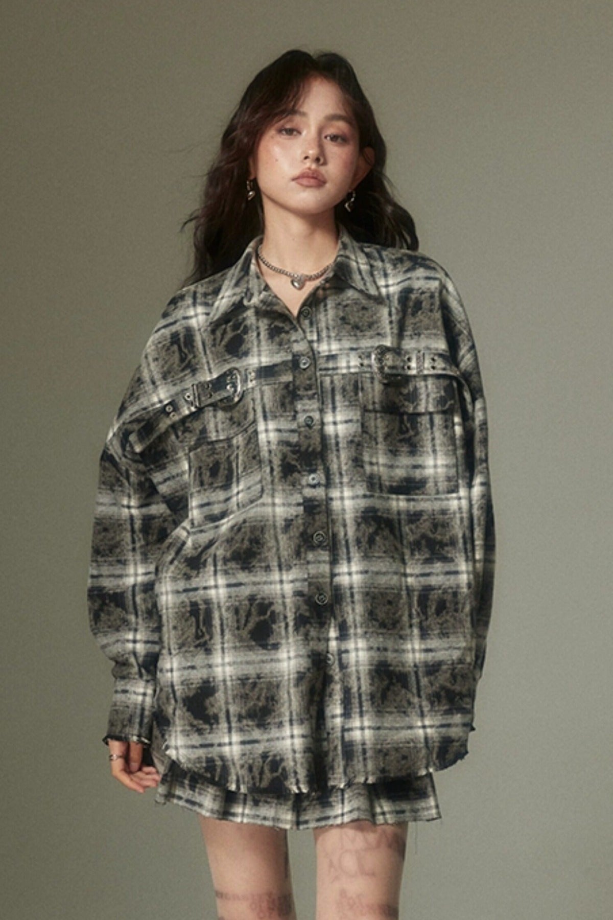Plaid Shirt and Pleated Skirt Set-Up