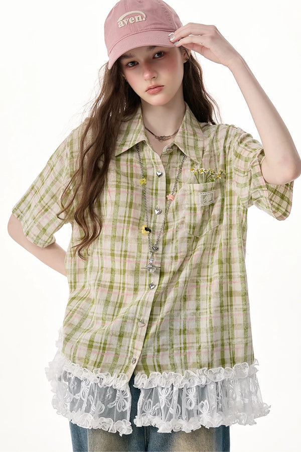 Green Plaid Lace Hem Shirt