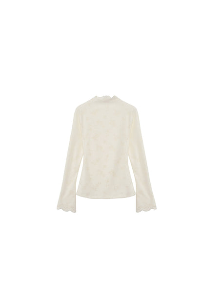 Youeruare Original Design Gardenia Mousse Hollow Lace Trim Knitted Base Shirt Long-Sleeve Top